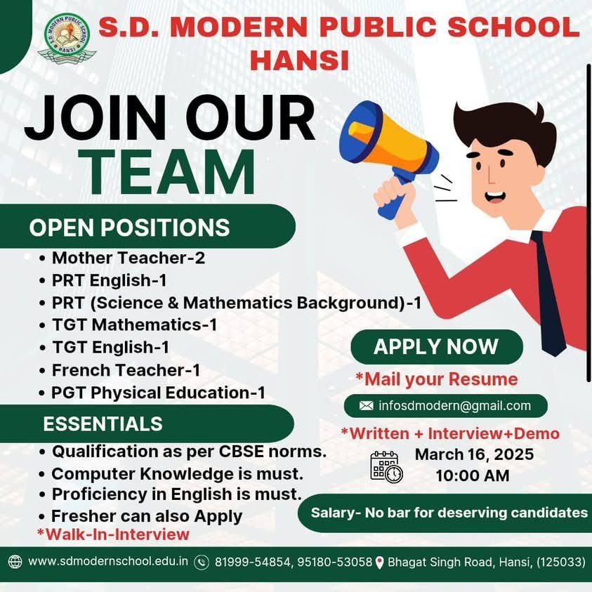 School Jobs at  S.D. Modern Public School ,  Hisar
